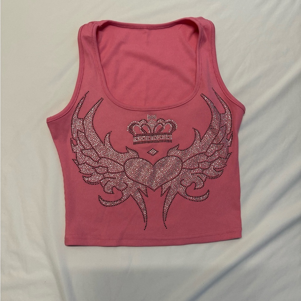 Pink Rhinestone Angle Wings Tank Top